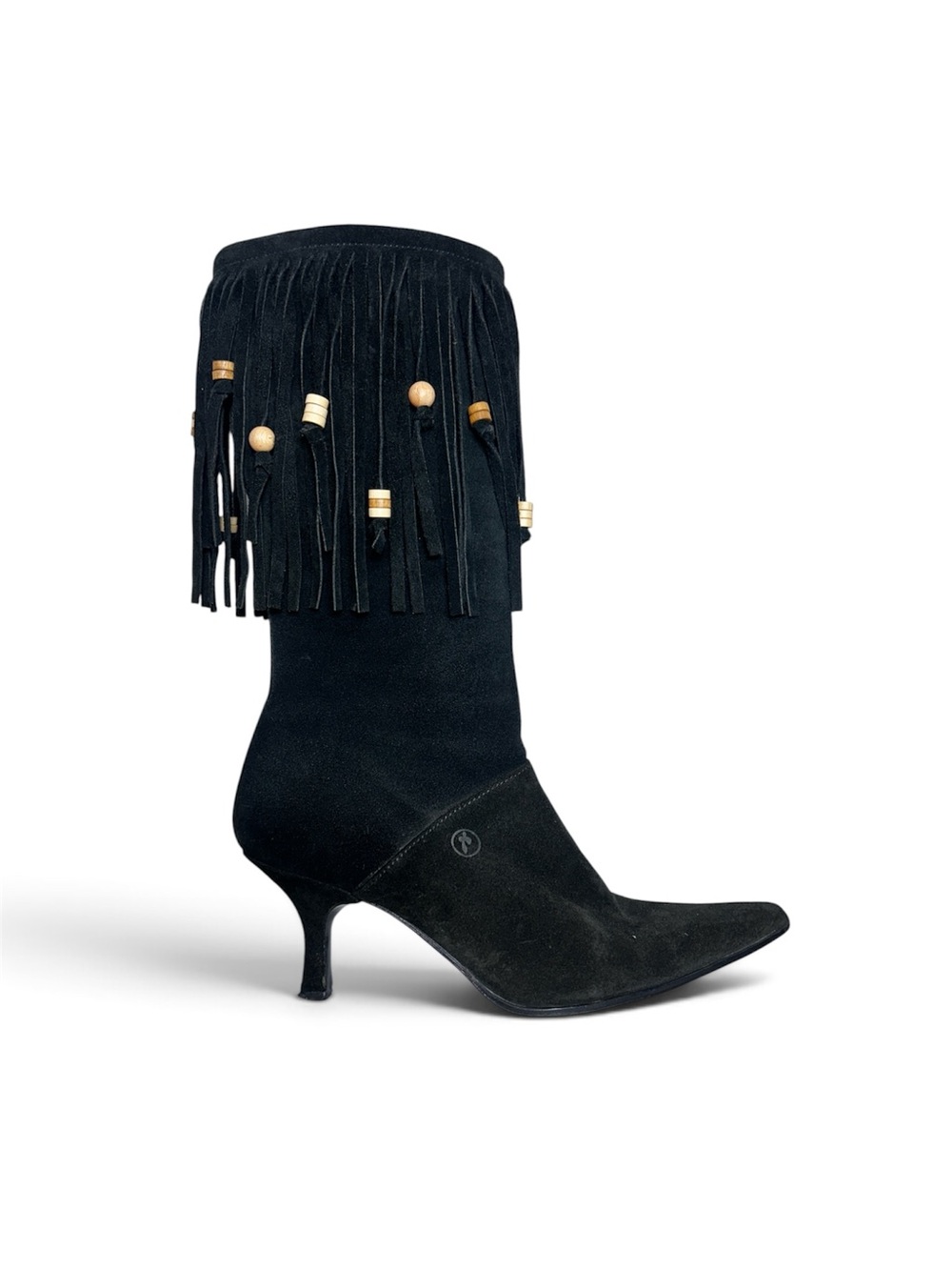 Bronx Black Suede Fringe Beaded Mid-Heel Boot